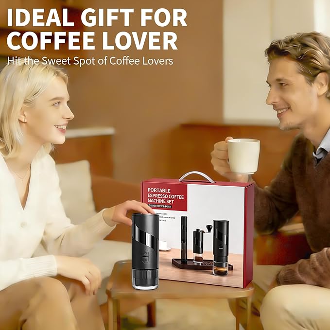 Portable Electric Espresso Machine Set - Travel Coffee Maker Pack for Camping, with Ground Coffee & NS Capsule, Electric Milk Frother, Grinder, Gift for Coffee Lover, for Car, RV, Hiking, Office