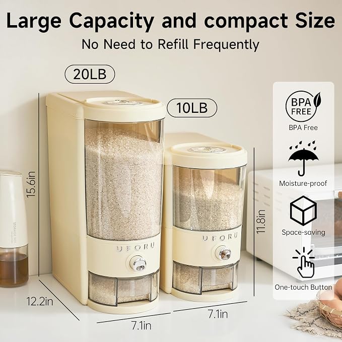 UFORU Rice Dispenser 20 lbs | Large Rice Storage Container for Kitchen&Pantry - Space-saving, Moisture & Pest-proof, BPA-Free - Dry Food Dispenser with One-Touch Dispenser & Measuring Cup for Families