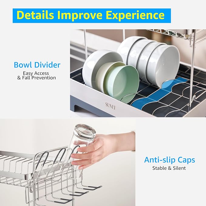 SUNLY Large Dish Drying Rack, Multipurpose 2 Tier Dish Racks for Kitchen Counter, 304 Stainless, Extra Large Drain Board, Gray