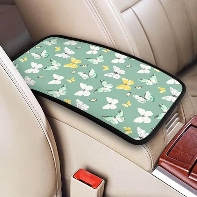 Butterflies Car Center Console Armrest Cover Sage Green Butterfly Polyester Fabric Armrest Lid Cushion Pad, Anti-Scratch Car Center Seat Box Covers Protector
