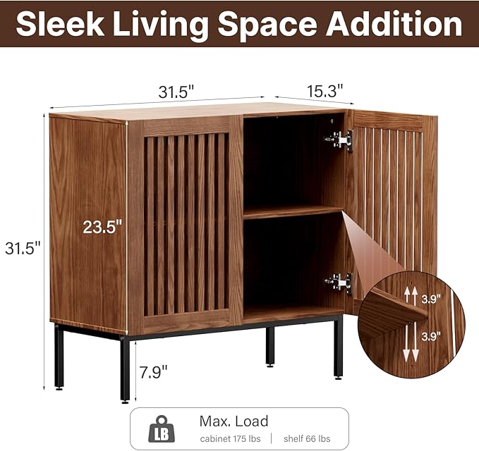 Storage Cabinet, Modern Coffee Bar with Adjustable Shelf and Metal Base, 32 Inch Wood Multifunctional Console Table for Kitchen, Living Room, Entryway, Brown