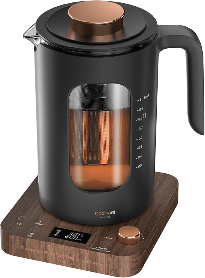 Electric Tea Kettle, Electric Kettle with Tea Infuser, ±1℉ Knob Temperature Control, BPA-Free Glass, 1200W Fast Heating, Easy to Clean, 1 Liter (Wood)