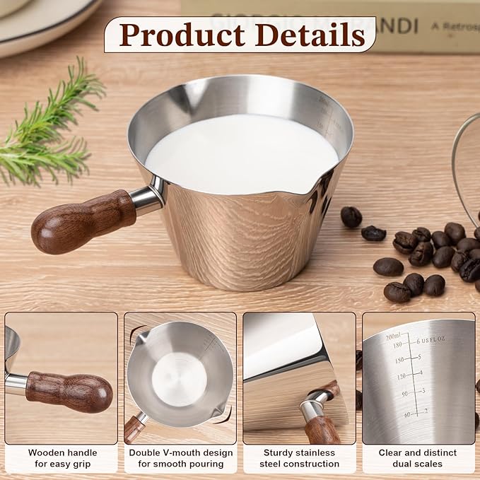 Espresso Cup, 6.8 oz/200 ml Stainless Steel Coffee Shot Measuring Cup with Wood Handle, Double V-Shaped Mouth and Clear Scale for Cappuccino Barista Coffee Bar Accessories, Silver