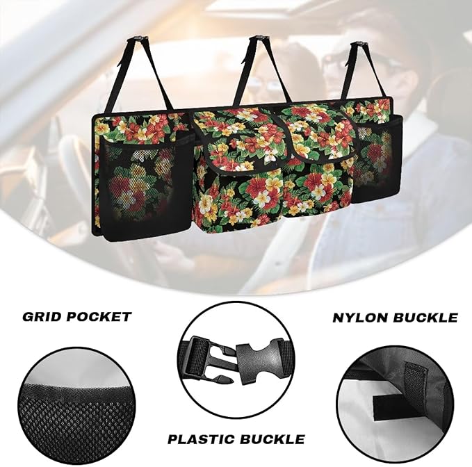 Tropical Flower Leaves Auto Back Seat Trunk Organizer Hanging Car Organizer Trunk Foldable Cargo Storage with 4 Large Pockets 3 Adjustable Straps 37x11.8inch