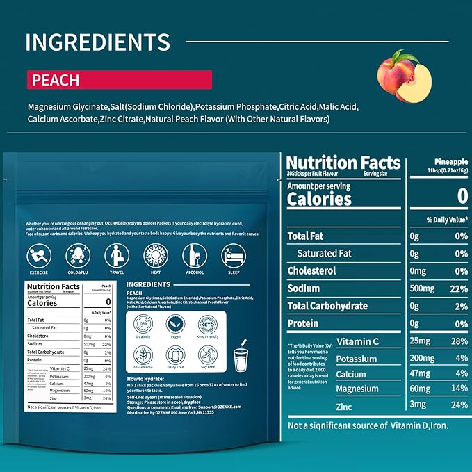 Electrolytes Powder Packets, 30 Sticks Hydration Packets Sugar Free, Electrolyte Drink Mix Portable Electrolyte Packet for Rapid Hydration, 0 Sugar & 0 Calorie, Peach Flavor