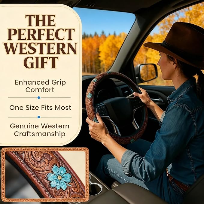 Retro Western Cowboy Car Universal Steering Wheel Cover – Western Steering Wheel Cover for Men & Women - 15 Inch Embossed Leather Anti-Slip Grip–Universal Fit for Truck, SUV, Car (E)