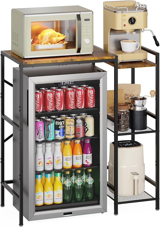 Mini Fridge Stand with Storage Shelves, Wine Cabinet, Microwave Stand, Coffee Bar, TV Stand, Bakers Rack, Beverage Refrigerator Table Adjustable for Dorm Apartment Kitchen Rustic Brown
