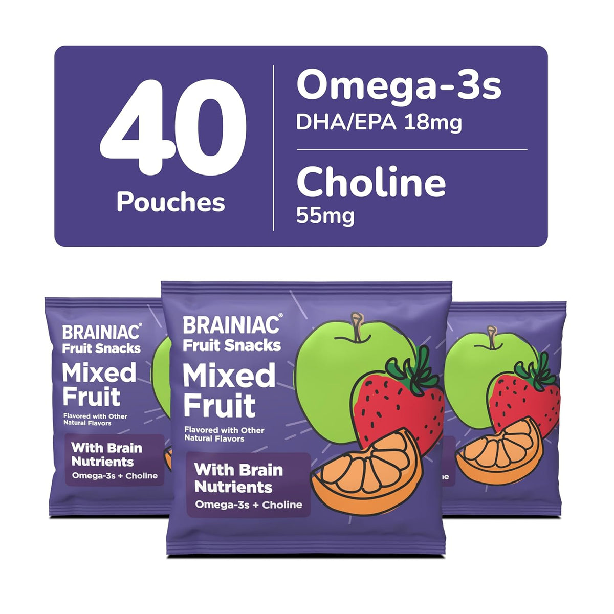 Brainiac Fruit Snacks, Brain Boosting Patented BrainPack Ingredients with Omega-3s DHA/EPA and Choline, Functional & Nutritious Snacks for toddlers and kids, Mixed Fruit, 40 count