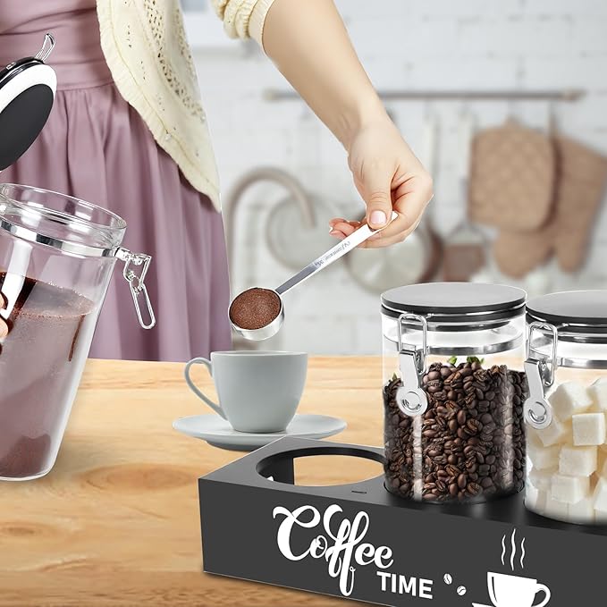 3PCS Glass Coffee Containers with Shelf, 54 oz Coffee Storage Container, Coffee Bean Storage Canisters with Airtight Locking Clamp Lid Spoons for Coffee Beans, Nuts, Sugar