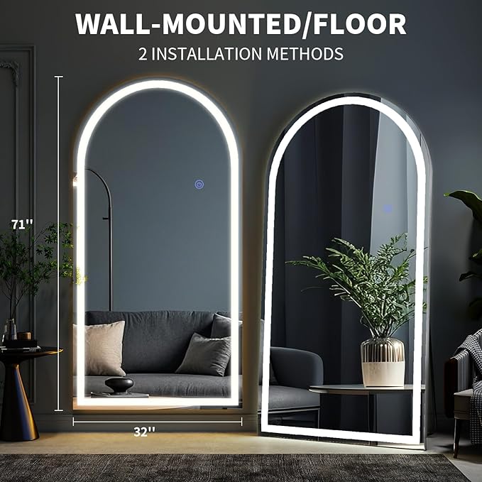 VooBang 71"x32" LED Large Mirror Full Length - Arched Floor Body Mirror with Dimmable Lights - 3 Color Modes, Standing Leaning Wall Mounted for Bedroom, Dressing Room