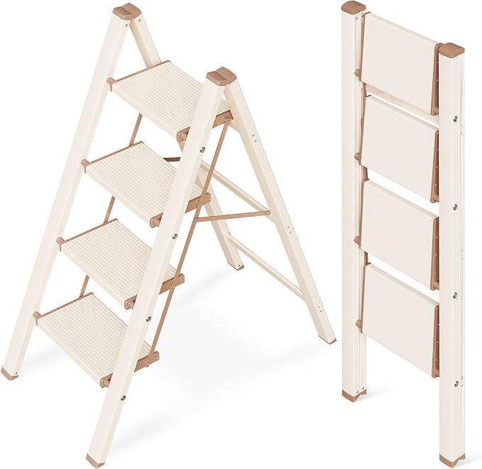 4 Step Ladder, Aluminum Folding Step Stool with Anti-Slip Sturdy and Wide Pedal, Lightweight Portable Stepladder for Home and Kitchen Use Space Saving, 330 lbs, Chocolate White
