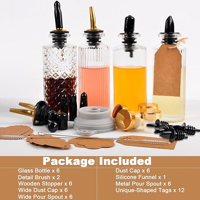 ChezMax Syrup Dispenser Bottles Set of 4, Simple Syrup Bottle for Coffee Bar Accessories, 5oz Glass Coffee Syrup Dispenser Syrup Containers for Maple Honey Syrup Oil, Metal Pour Spouts & Labels