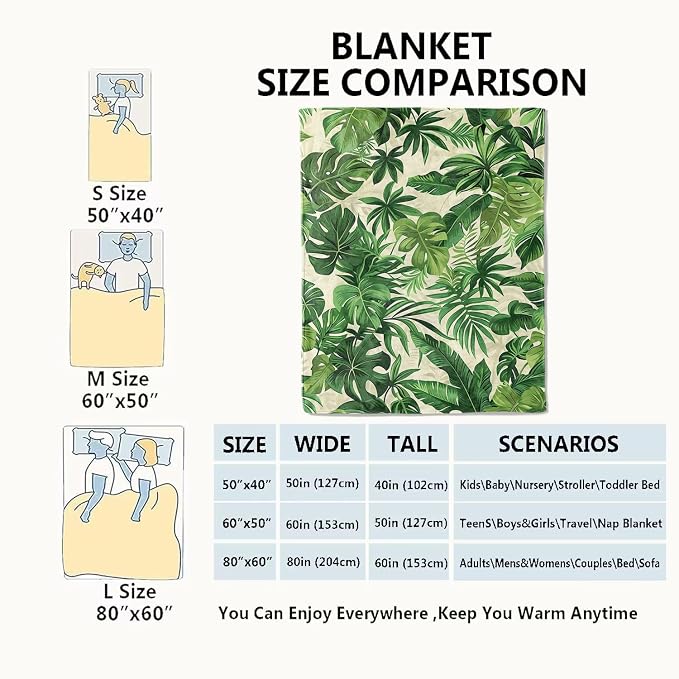 Tropical Green Leaves Blanket Lush Botanical Leaf Throw Blankets with Plant,Birthday Gifts for Girls Women & Nature Lovers,Lightweight Soft Fleece,for Sofa Couch Bed Room Decor 60x80in