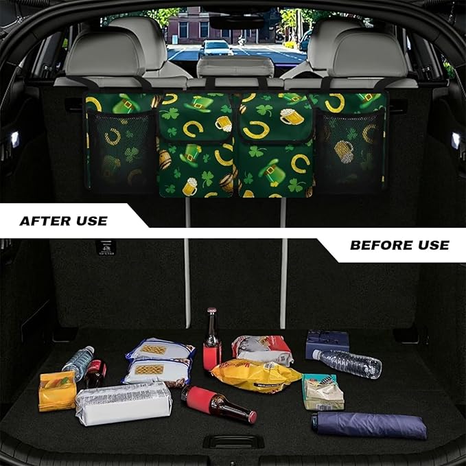 St. Patrick Day Theme Hanging Car Trunk Organizer with Lid Suv Seat Back Storage Bag with Green Hat/Leaves/Beer/Horseshoe Pattern