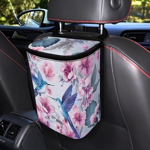 Hanging Hummingbird Car Trash Can Bin with LidFloral Hummingbird Vehicle Garbage Can Leak Proof Hanging Car Rubbish Bags Automotive Organizer Accessory for Back Front Seat