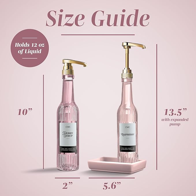 COOK WITH COLOR Glass Coffee Syrup Dispenser with Pump- Set of 2 Syrup Bottles for Coffee Bar, Decorative 350 ML Bottle with Ceramic Holder, Funnel, Labels and Extra Pumps, Textured Pink