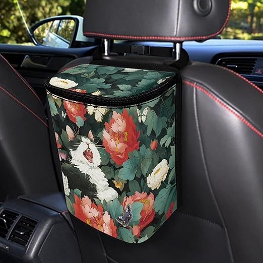 Floral Cat Butterfly Car Trash Can, Peony Flower Pattern Car Garbage Bin for Vehicle Interior Organization