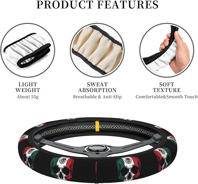 Neoprene Steering Wheel Cover Mexican Flag Skull Car Steering Wheel Cover Universal Fit for Most Cars