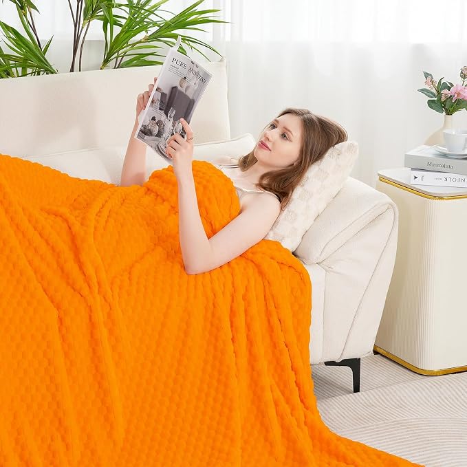 Zyrah Orange Fleece Twin for Couch Super Soft Twin Blanket 3D Imitation Turtle Shell Jacquard Decorative Cozy Blankets for Sofa Chair Bed 60x80 Inches