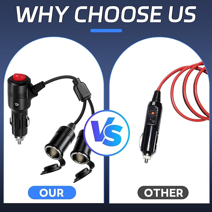 Cigarette Lighter Splitter ， 12v Splitter,Dual Cigarette Lighter adapters for Cars,12V Cigarette Lighter Plug with on/Off Switch, Overload Protection & Extension Cord 15A Fuses (Black 2 Ports)