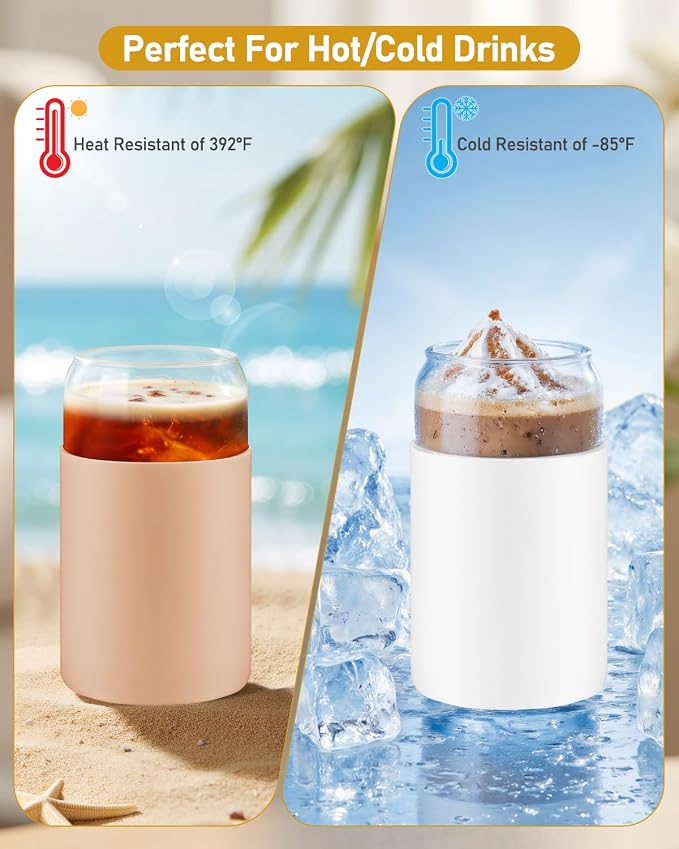 sungwoo Glass Cups with Lids and Straws, 4 Pack 16OZ Iced Coffee Cups with Silicone Sleeve, Glass Tumbler with Straw and Bamboo Lid, Home Essential Drinking Set for Juice, Cocktail and Latte 4 Colors