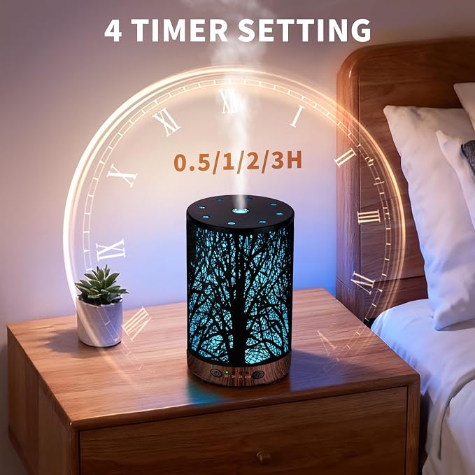 Essential Oil Diffuser 120ML Metal Aromatherapy Diffuser with Timer, Cool Mist Humidifier with Auto Shut-Off & 7 Color Lights for Home Office Spa (Tree)