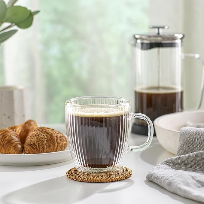JoyJolt Fluted Glass Coffee Mugs, Double Wall 13.5oz Clear Glass Coffee Mug Set of 2. Latte Glasses, Glass Cappuccino Mugs, Ribbed Mugs