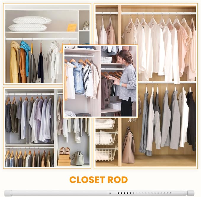 Oval Closet Rod for Hanging Clothes 18 to 52 Inch Adjustable with Snap Fasteners Heavy Duty 1 inch Diameter With End Supports White Poles Bar Closet Rod Expandable for Wardrobes