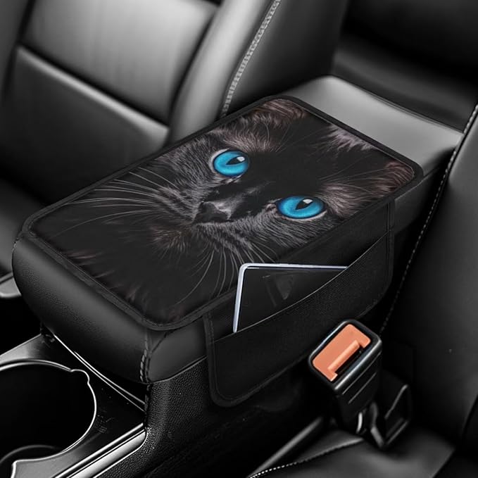 BIGCARJOB Black Cat Print Car Armrest Cover Cushion with 2 Storage Bags Universal Car Armrest Cover Center Console Armrest Pad with Pocket Animal Cat Print Armrest Seat Box Covers