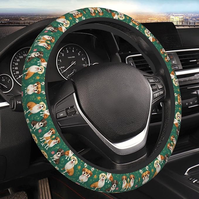 Dogs Flower Pattern Car Steering Wheel Cover, 15 Inch Steering Wheel Cover Stylish Decor for Most Cars