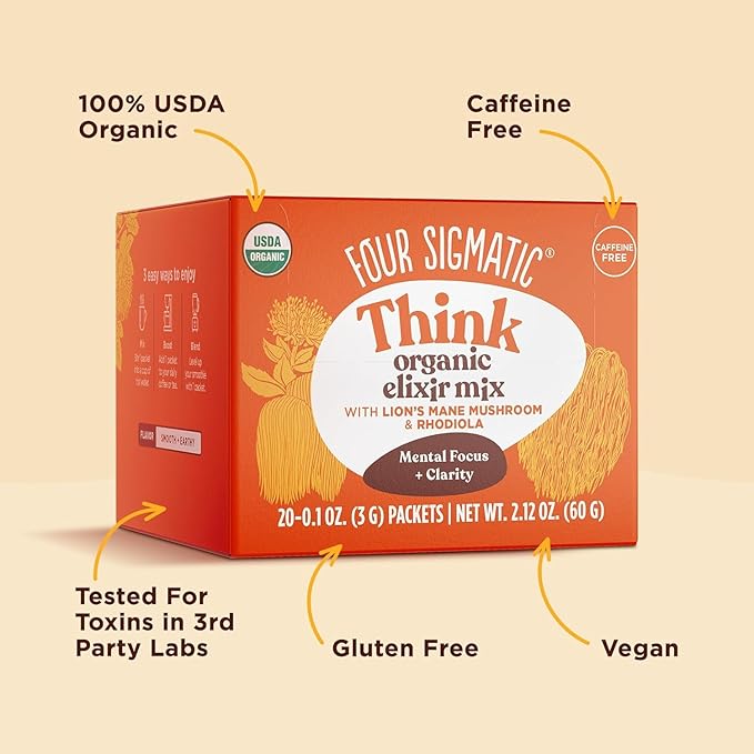 Four Sigmatic Lion's Mane Focus Elixir Mushroom Coffee Alternative | Organic Lion's Mane Mushroom Powder,Rhodiola & Rose Hips | Immune & Memory Support-| Paleo-|,20 Count (Pack of 2)