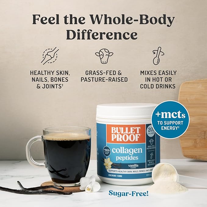 Bulletproof Vanilla Collagen Peptides Powder with MCT Oil, 17.6 Ounces, Grass-Fed Collagen Protein for Skin, Bones and Joints