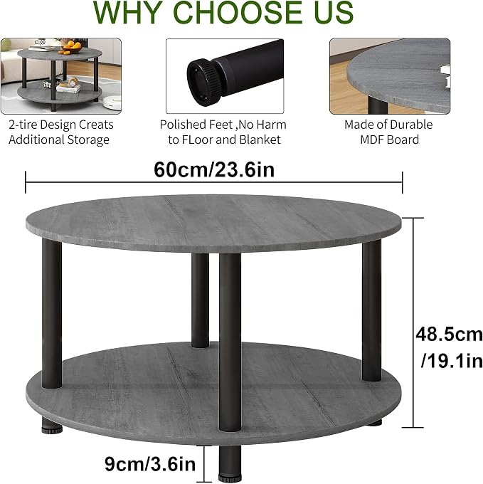 23.6" Round Coffee Table, 2-Tier Small Circle Coffee Table with Storage, Modern Center Accent Table with Metal Frame, Side Table End Table for Small Space, Living Room, Office, Grey