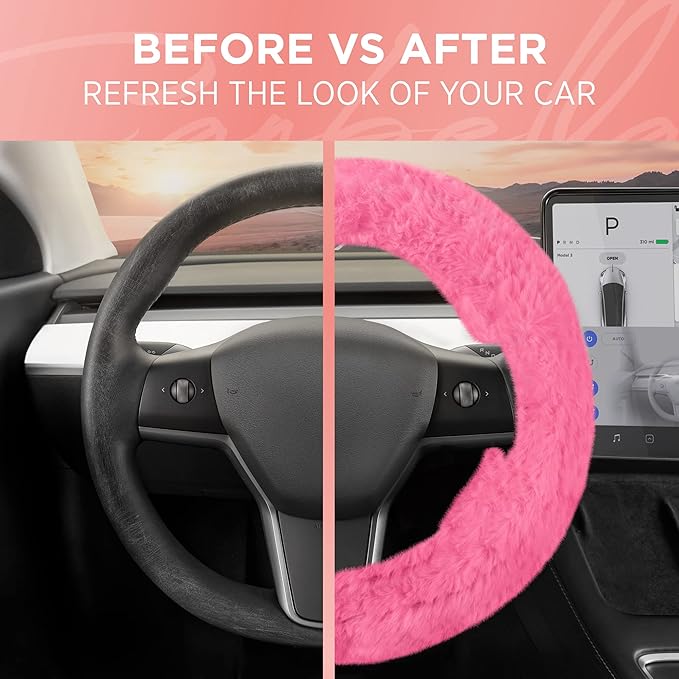BDK Steering Wheel Covers for Women (Faux Fur - Pink)
