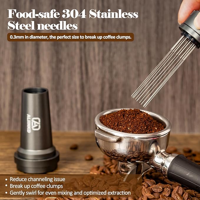 Coffee Distributor WDT Tool Espresso Distribution, 10pcs 304 Stainless 0.3mm Needles Espresso Coffee Stirrer, Full Aluminum Chess Shape Shell