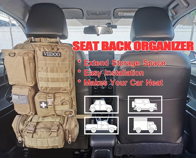 Car Truck Seat Back Organizer Tactical Molle, Upgrade Tactical Vehicle Panel Organizer with 5 Detachable Molle Pouch, Universal Fits for Most of Vehicle (Tan)