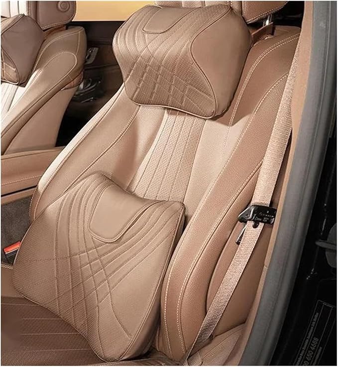 Car Pillow Car Headrest Pillow Set Sewing Leather Lumbar Waist Support Memory Foam Fit for Seat Neck Protctive Cushion Accessories Car Neck Pillow(H)