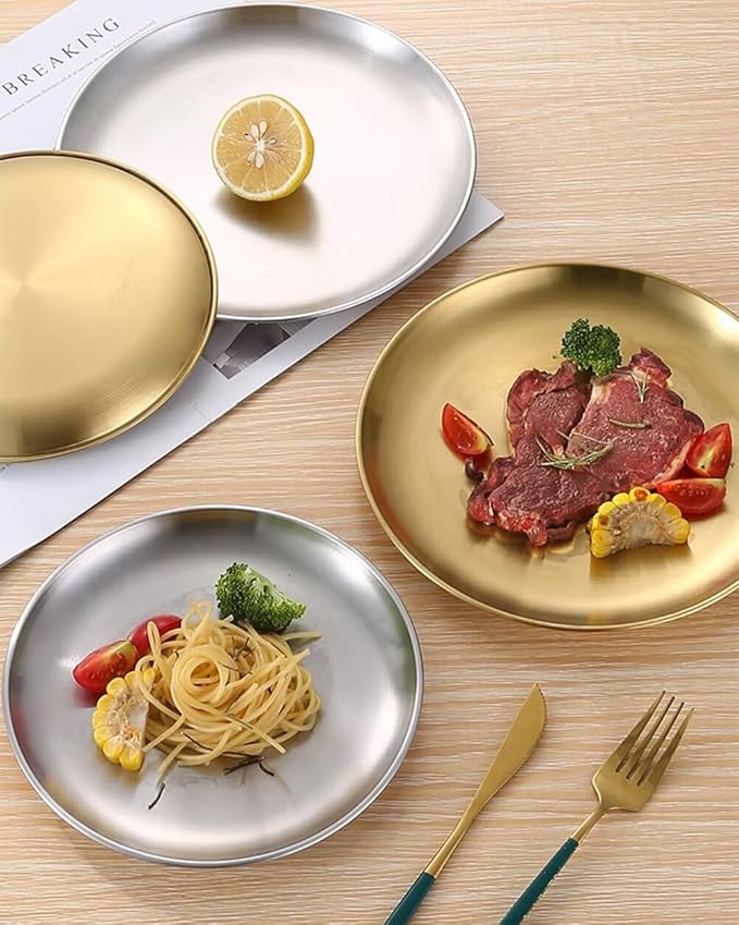 Serving Trays 7.9in Stainless Steel Decorative Tray Round Gold Tray for Kitchen Wedding Party Coffee Table Dishwasher Safe