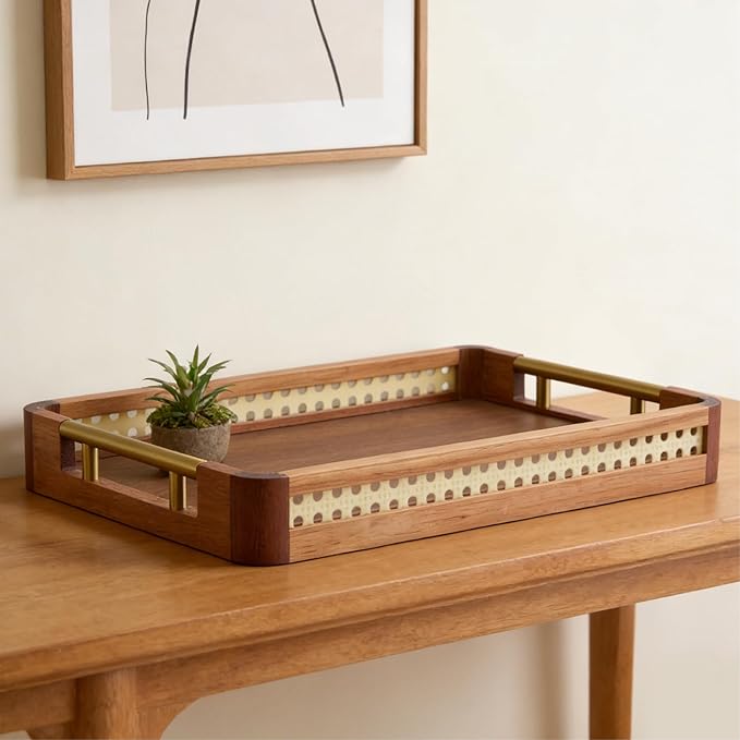 Acacia Wood Serving Tray with Handles, Decorative Wooden Tray for Ottoman, Coffee Table, Rectangular Tray Decor for Living Room, Bedroom, Kitchen, Breakfast in Bed
