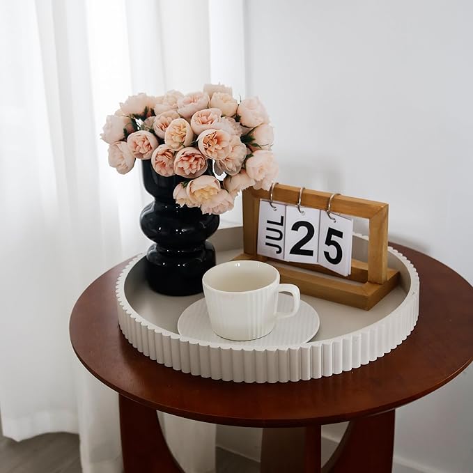 Round Decorative Tray for Coffee Table Decor, 11.8in Cream White Decorative Serving Tray for Kitchen Counter,bandejas decorativas, Wooden Serving Tray for Party