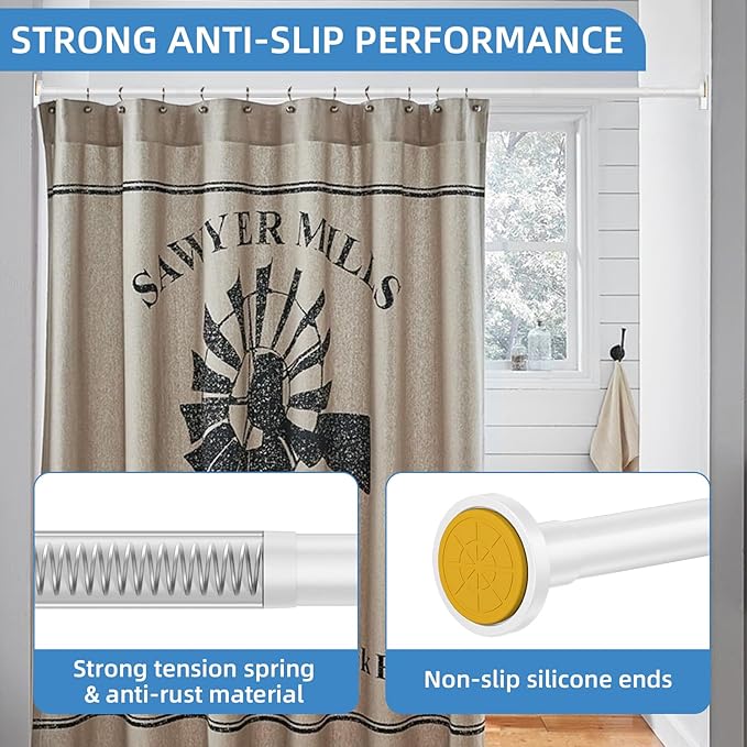 CorkLatta White Shower Curtain Rod,1 Inch Diameter Stainless Steel Adjustable Spring Tension Rods 32 to 80",with Holders,Anti-Slip,Curtain Rods No Drilling(1 Pack)