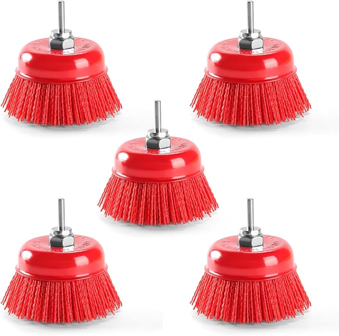 POLIWELL 4 Inch Nylon Filament Brush 5 Pack, 4” Abrasive Bristle Cup Brush Set 5/8"-11 Thread, 1/4" Arbor Max 8500 RPM for Variable Speed Angle Grinder, Polisher and Drill, Prep Surfaces for Bed Liner