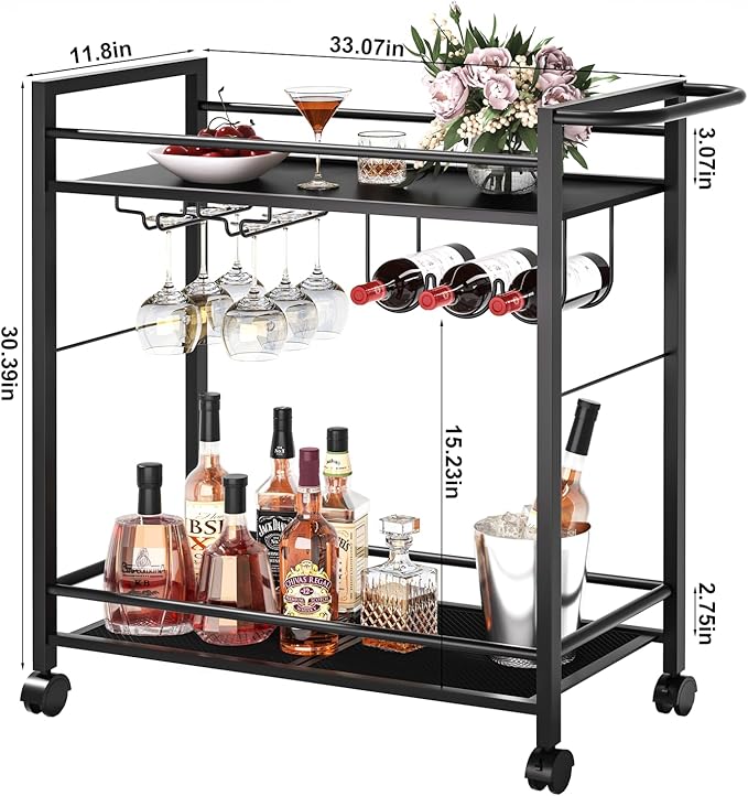 Bar Cart,Home Bar Serving Cart with Storage Shelves, 2 Tier Rolling Beverage Cart with Wheels, Modern Vintage Black Wine Cart with Wine Rack and Glass Holder for Kitchen, Dinning Room,Living Room