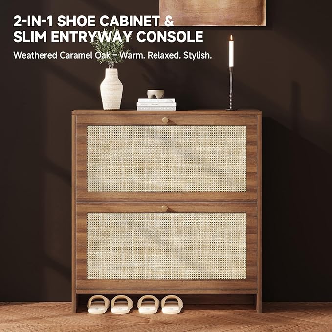 Nicetree Shoe Cabinet Storage for Entryway, 2-Flip Drawer Narrow Shoe Rack, Organic Modern Rattan Shoe Organizer with Gold Legs, Shoe Organizer Fits Men's Size 13.5, Toasted Caramel Walnut