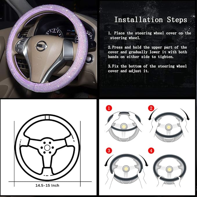 Car Fuzzy Bling Steering Wheel Cover for Women Purple, 15 Inch Universal with Colorful Diamonds Rhinestone Cute Accessories Crystal Anti-Slip Wheel Protectorer