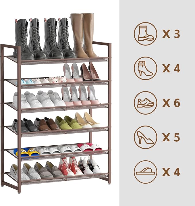 6-Tier Metal Large Shoe Rack,Tall Shoe Rack for Closet,entryway,Garage, with Adjustable Flat or Angled Shelves, Hold 20-26 Pairs Shoes