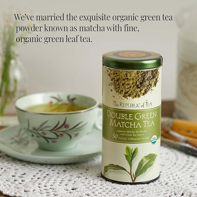 The Republic of Tea - Organic Double Green Matcha Tea Super Refill, Naturally Caffeinated Japanese Green Tea Powder and Leaves, Steeps 100 Cups