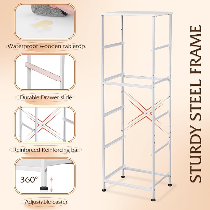 WLIVE Fabric Dresser, 5-Drawer Tall Dressers for Bedroom, Storage Dresser Organizer with Fabric Bins, Wood Top, Sturdy Steel Frame, Chest of Drawers for Closet, Hallway, White