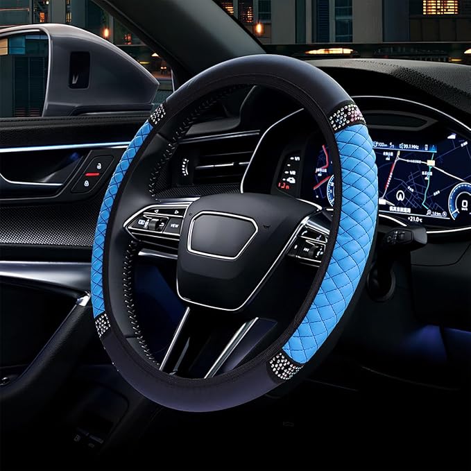 Bling Soft Leather Steering Wheel Cover, 15" Anti-Slip Sparkly Crystal Auto Elastic Steering Wheel Protector for Women Girl, Colorful Diamond Car Interior Accessory for Most Cars (Blue)
