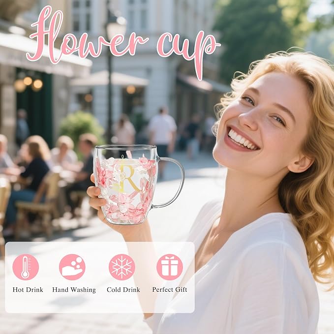 Personalized Gift for Women Flower Glass Coffee Mug Initial Tea cup Monogrammed Customized Bridesmaid Bride Wedding Gifts Graduation Gifts Valentine Mother's Day Birthday Christmas Gift (R)